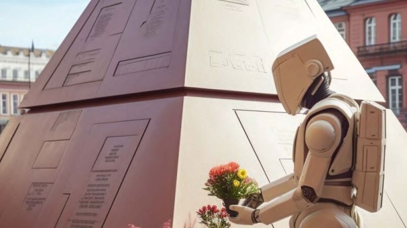 Ein humanoider Roboter hält Blumen in der Hand, im Hintergrund ist die Karlsruher Pyramide in futuristischem Design zu sehen